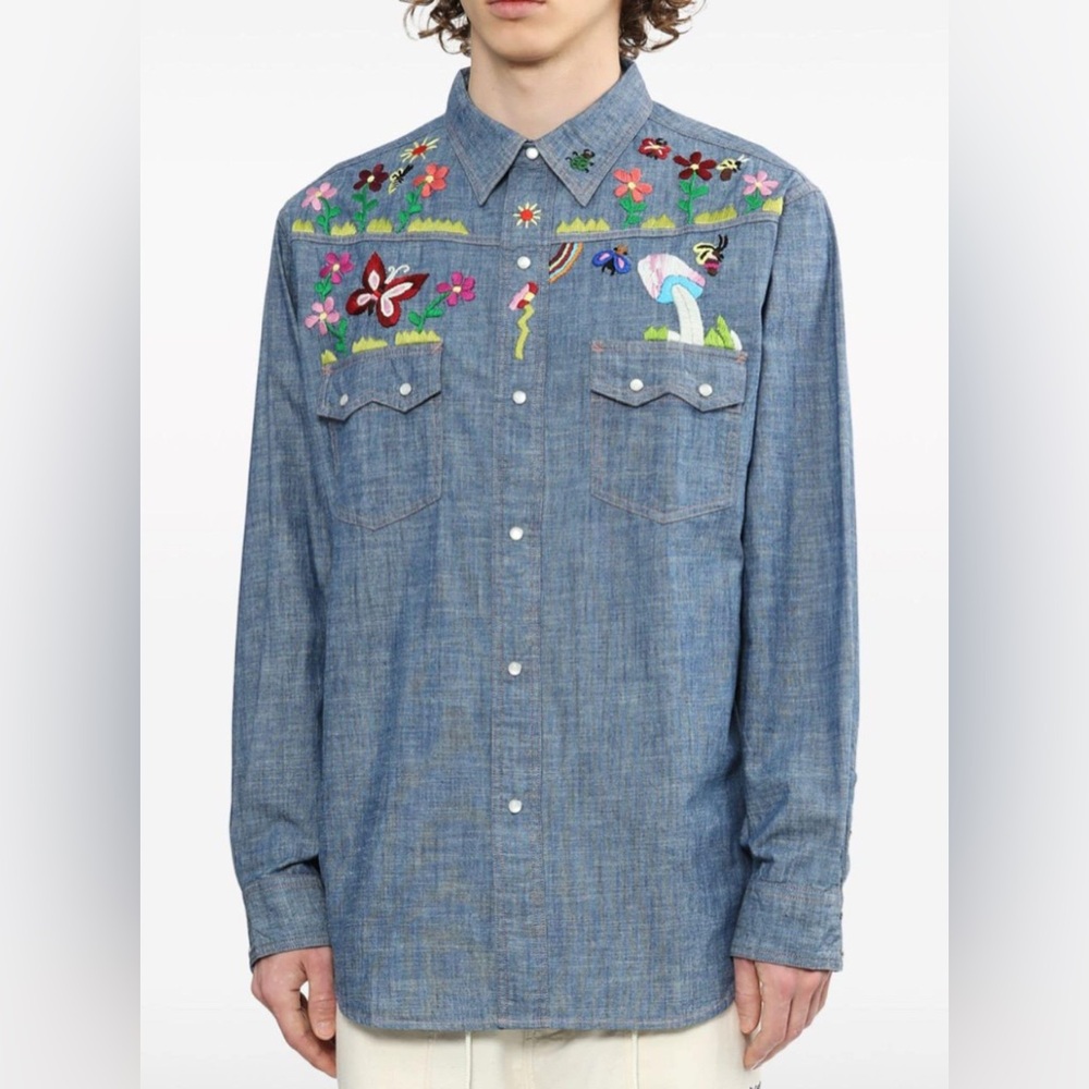 New Needles Denim Western Shirt with Multicolor Embroidery Size Small